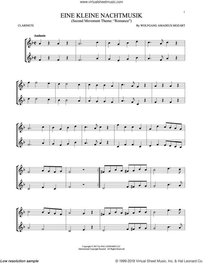 Eine Kleine Nachtmusik sheet music for two clarinets (duets) by Wolfgang Amadeus Mozart, classical score, intermediate skill level
