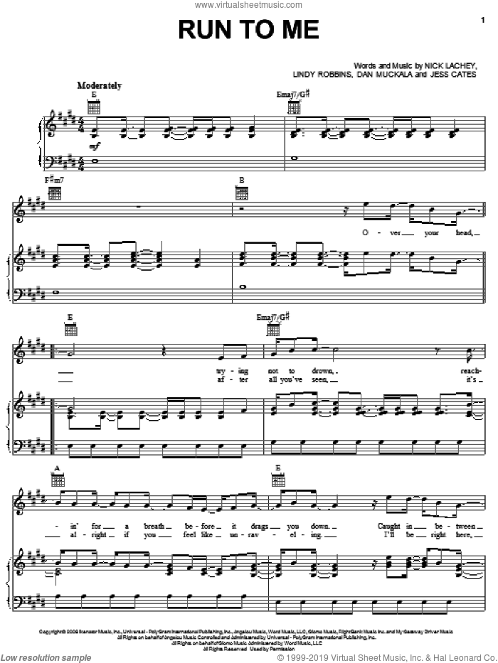 Run To Me sheet music for voice, piano or guitar by Nick Lachey, Dan Muckala, Jess Cates and Lindy Robbins, intermediate skill level