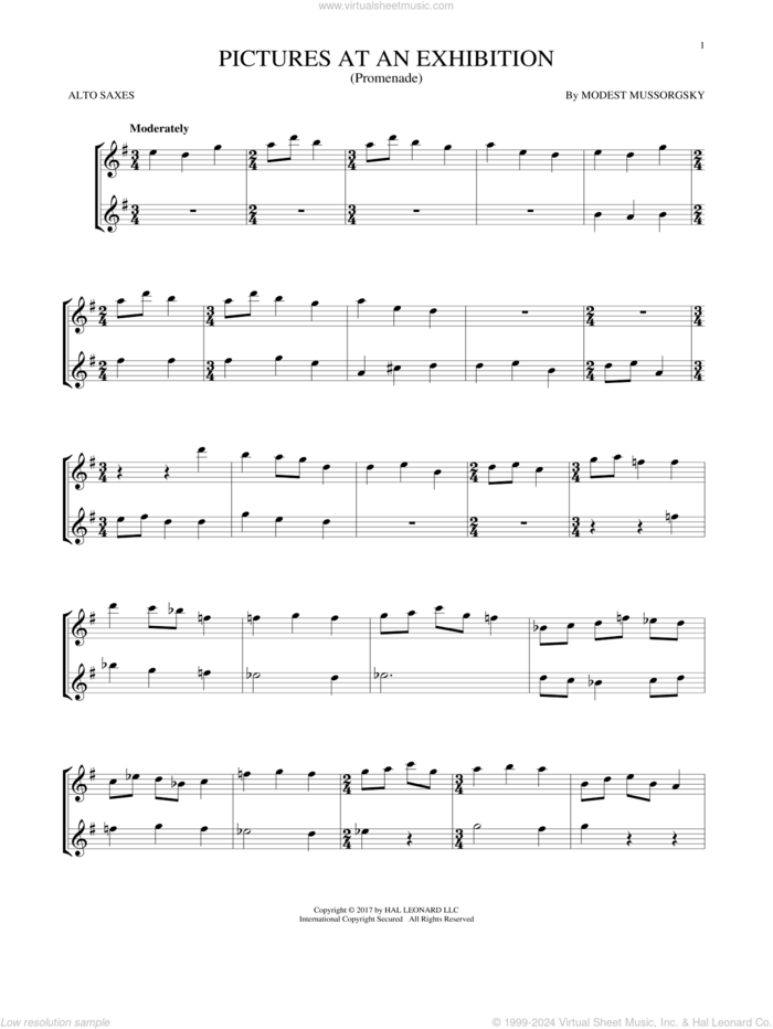 Pictures At An Exhibition (Theme) sheet music for two alto saxophones (duets) by Modest Petrovic Mussorgsky, classical score, intermediate skill level