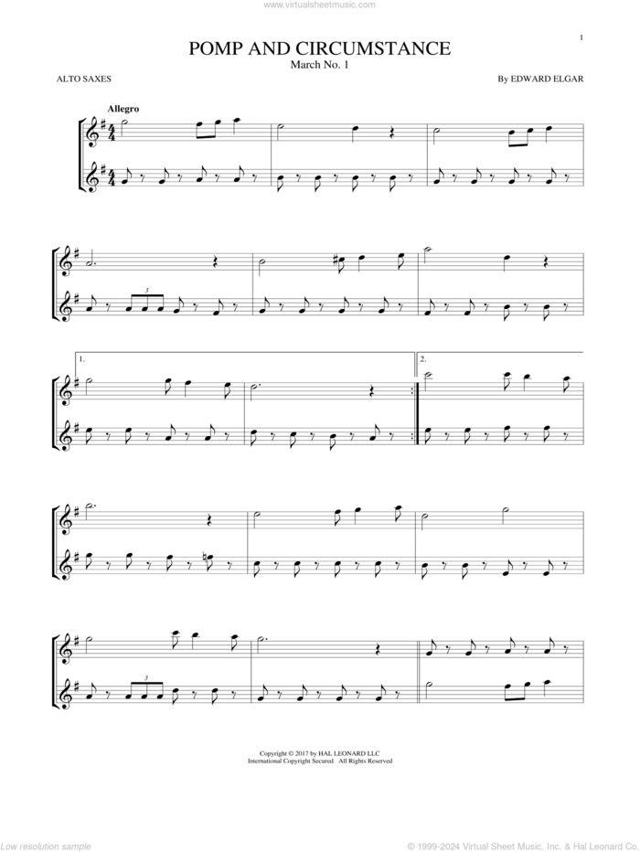 Pomp And Circumstance, March No. 1 sheet music for two alto saxophones (duets) by Edward Elgar, classical score, intermediate skill level