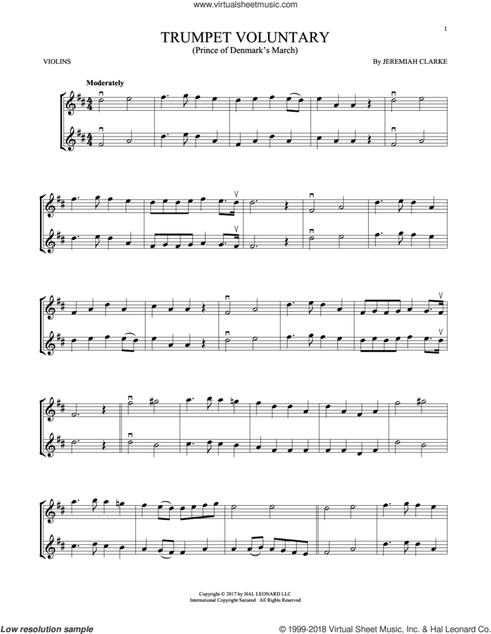 Trumpet Voluntary sheet music for two violins (duets, violin duets) by Jeremiah Clarke, classical score, intermediate skill level