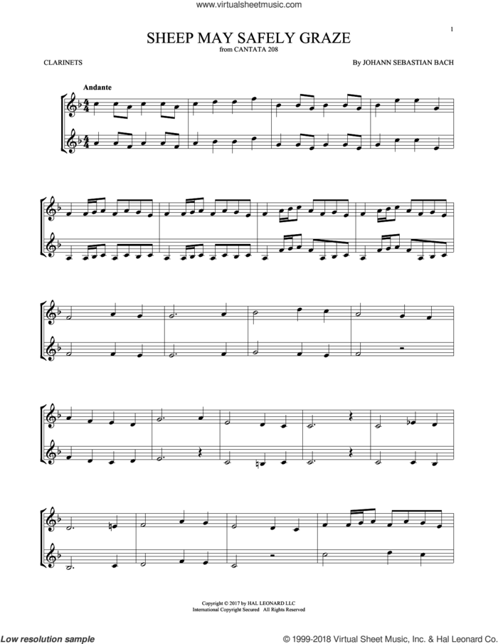 Sheep May Safely Graze sheet music for two clarinets (duets) by Johann Sebastian Bach, classical score, intermediate skill level