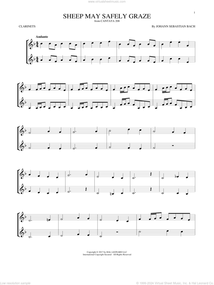 Sheep May Safely Graze sheet music for two clarinets (duets) by Johann Sebastian Bach, classical score, intermediate skill level