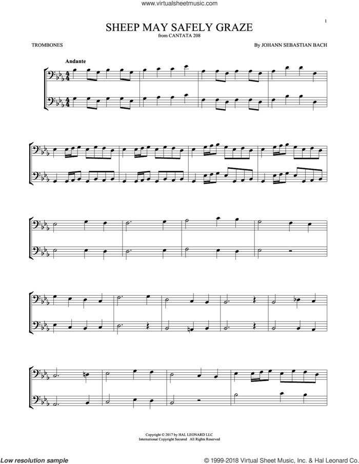 Sheep May Safely Graze sheet music for two trombones (duet, duets) by Johann Sebastian Bach, classical score, intermediate skill level
