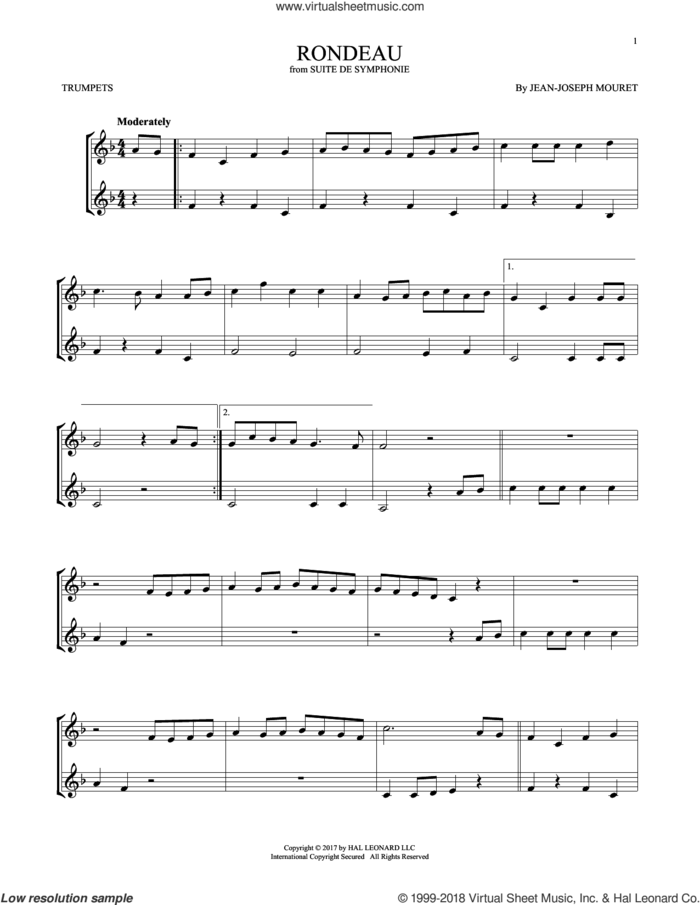 Fanfare Rondeau sheet music for two trumpets (duet, duets) by Jean-Joseph Mouret, classical score, intermediate skill level