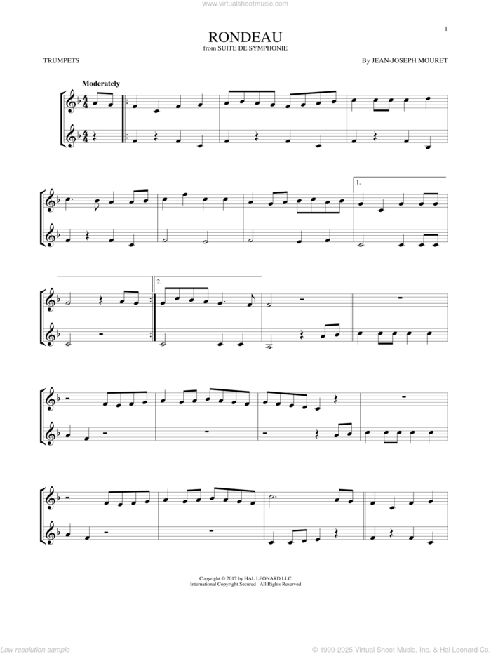 Fanfare Rondeau sheet music for two trumpets (duet, duets) by Jean-Joseph Mouret, classical score, intermediate skill level