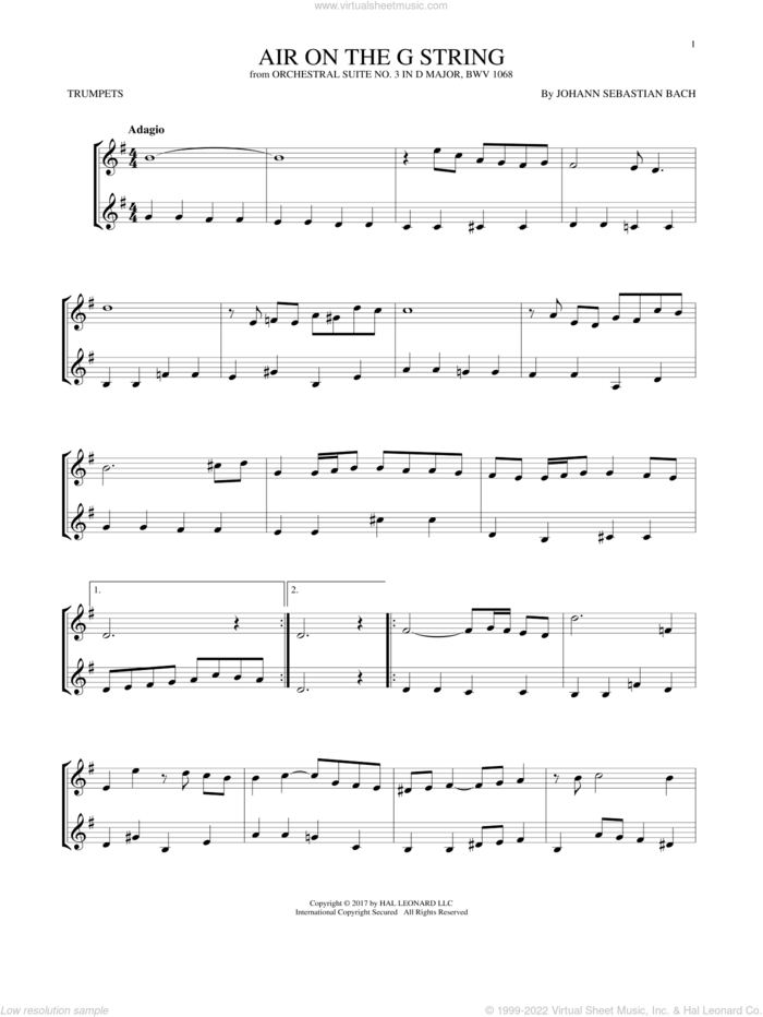 Air (Air On The G String) sheet music for two trumpets (duet, duets) by Johann Sebastian Bach, classical wedding score, intermediate skill level