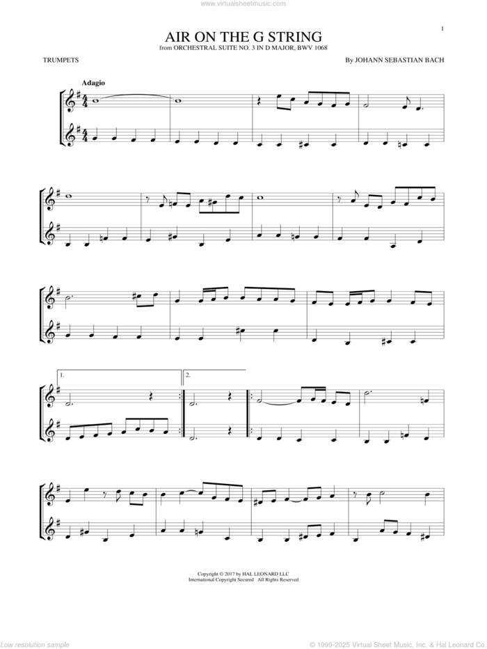 Air (Air On The G String) sheet music for two trumpets (duet, duets) by Johann Sebastian Bach, classical wedding score, intermediate skill level