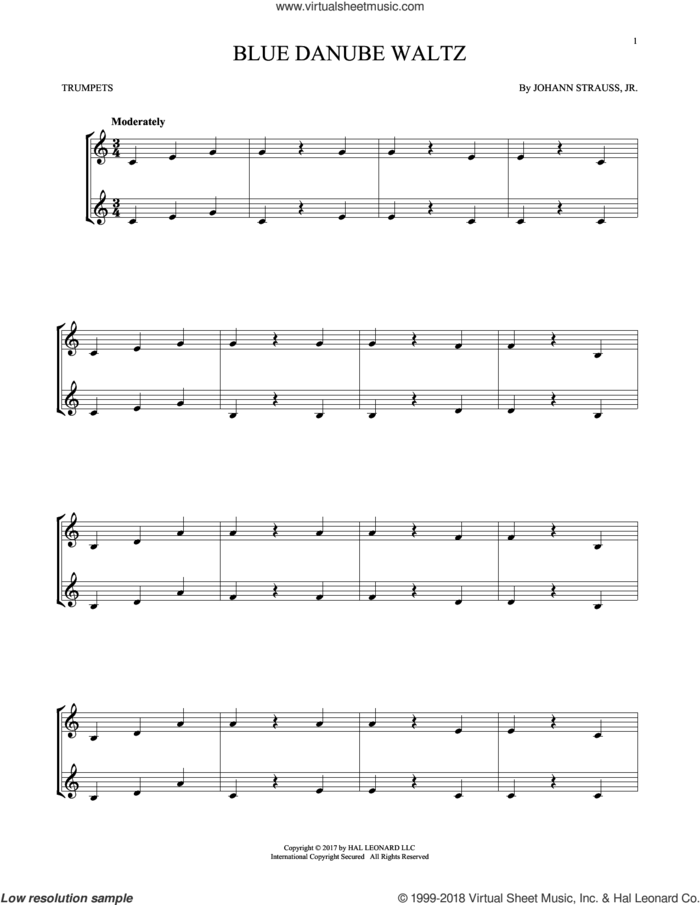The Beautiful Blue Danube, Op. 314 sheet music for two trumpets (duet, duets) by Johann Strauss, Jr., classical score, intermediate skill level