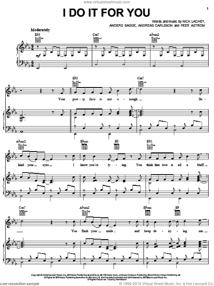 I Do It For You sheet music for voice, piano or guitar by Nick Lachey, Anders Bagge, Andreas Carlsson and Peer Astrom, intermediate skill level