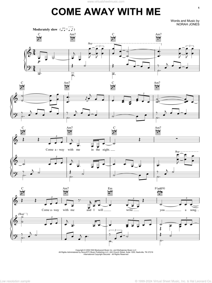 Come Away With Me sheet music for voice, piano or guitar by Norah Jones, intermediate skill level