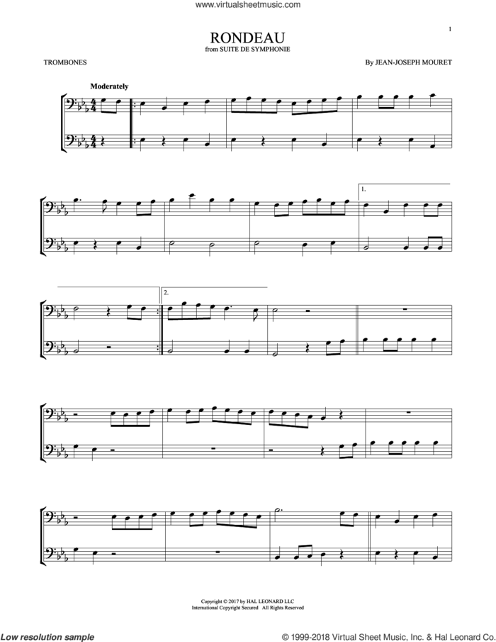 Fanfare Rondeau sheet music for two trombones (duet, duets) by Jean-Joseph Mouret, classical score, intermediate skill level