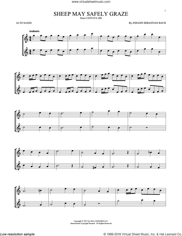 Sheep May Safely Graze sheet music for two alto saxophones (duets) by Johann Sebastian Bach, classical score, intermediate skill level