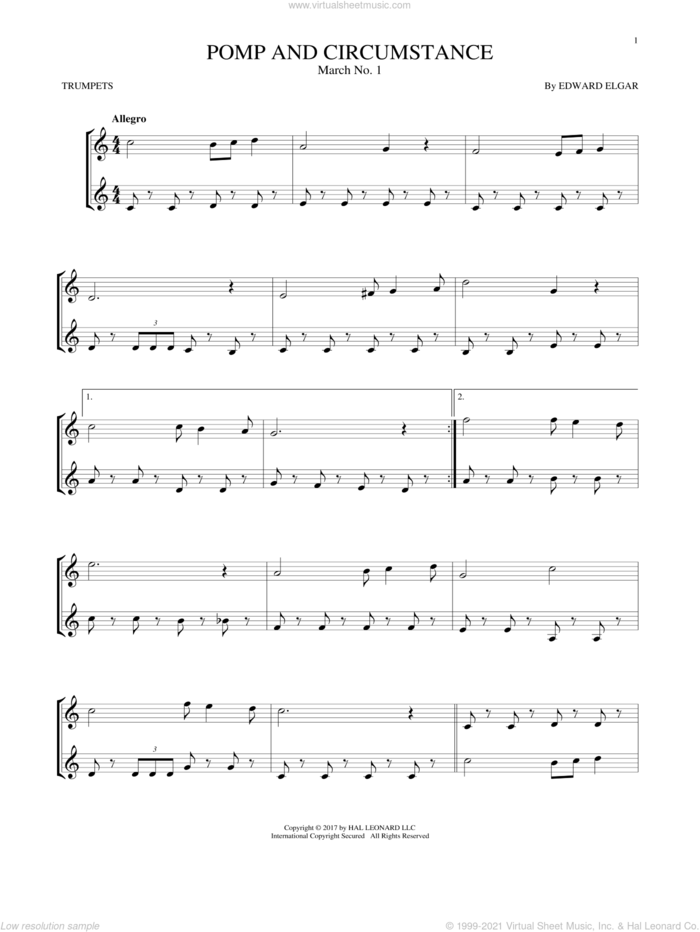 Pomp And Circumstance, March No. 1 sheet music for two trumpets (duet, duets) by Edward Elgar, classical score, intermediate skill level