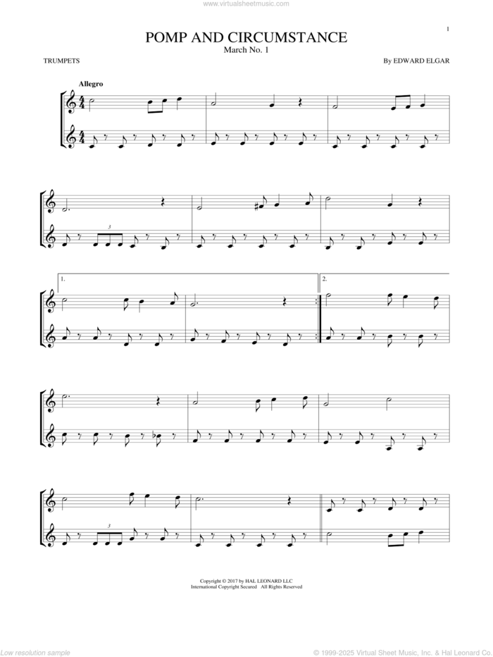 Pomp And Circumstance, March No. 1 sheet music for two trumpets (duet, duets) by Edward Elgar, classical score, intermediate skill level