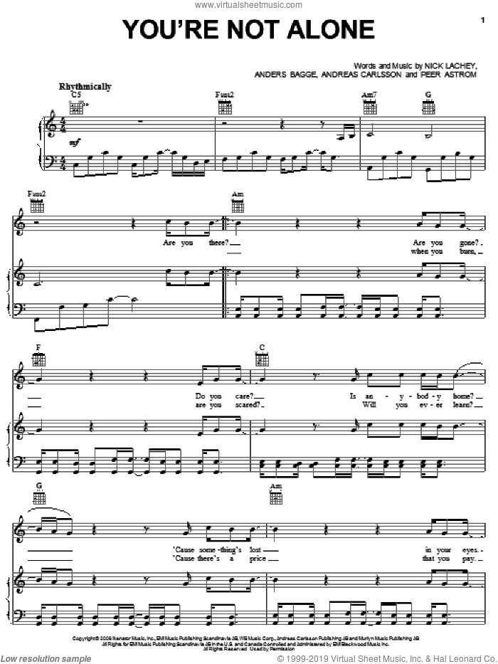 You're Not Alone sheet music for voice, piano or guitar by Nick Lachey, Anders Bagge, Andreas Carlsson and Peer Astrom, intermediate skill level