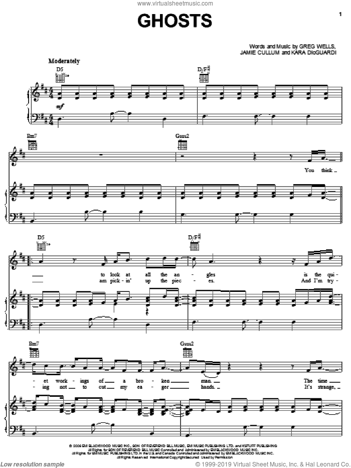 Ghosts sheet music for voice, piano or guitar by Nick Lachey, Greg Wells, Jamie Cullum and Kara DioGuardi, intermediate skill level