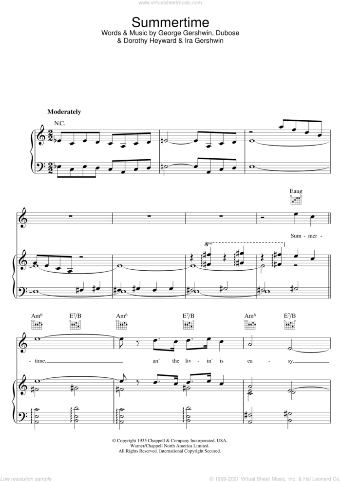 Summertime (from Porgy And Bess) sheet music for voice, piano or guitar by George Gershwin, Dorothy Heyward, DuBose Heyward and Ira Gershwin, intermediate skill level