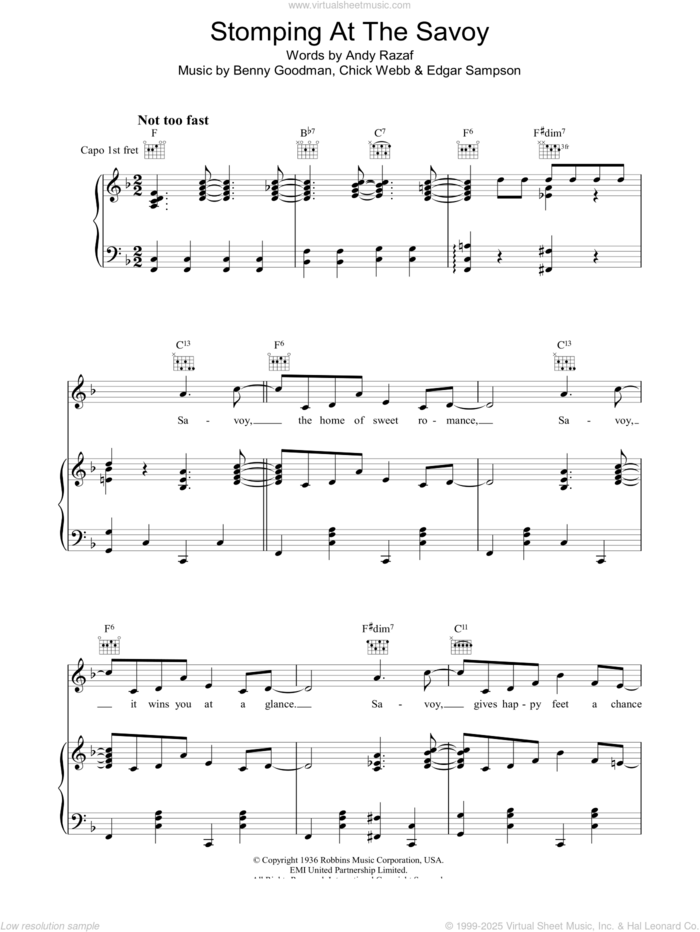 Stomping At The Savoy sheet music for voice, piano or guitar by Benny Goodman, Andy Razaf, Chick Webb and Edgar Sampson, intermediate skill level