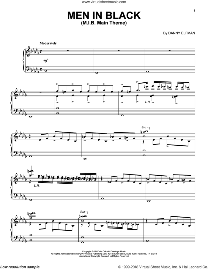 M.I.B. Main Theme sheet music for piano solo by Danny Elfman, intermediate skill level