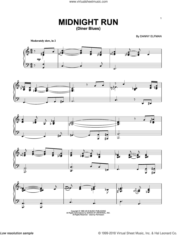 Diner Blues sheet music for piano solo by Danny Elfman, intermediate skill level