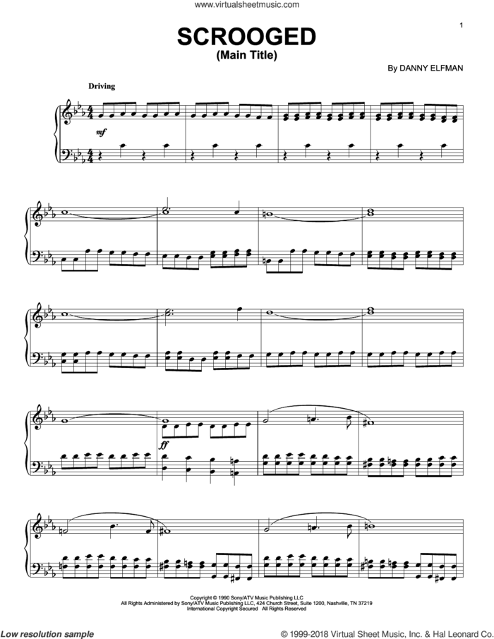 Scrooged Main Title sheet music for piano solo by Danny Elfman, intermediate skill level