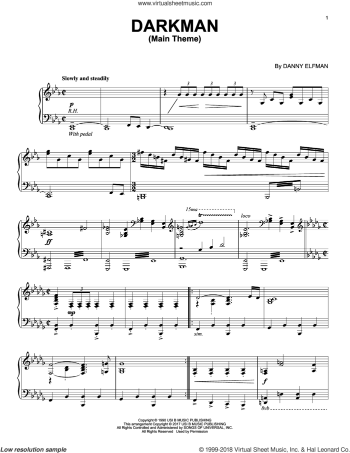 Darkman sheet music for piano solo by Danny Elfman, intermediate skill level