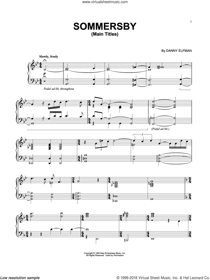 Sommersby - Main Titles sheet music for piano solo by Danny Elfman, intermediate skill level