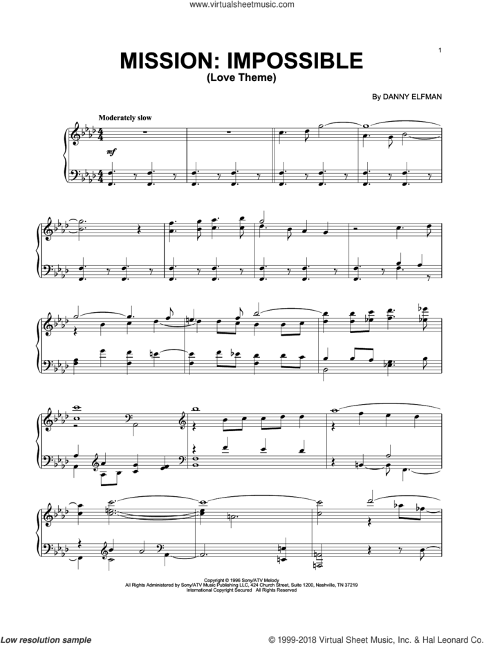 Love Theme sheet music for piano solo by Danny Elfman, intermediate skill level