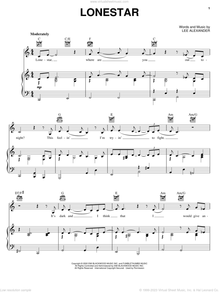 Lonestar sheet music for voice, piano or guitar by Norah Jones and Lee Alexander, intermediate skill level