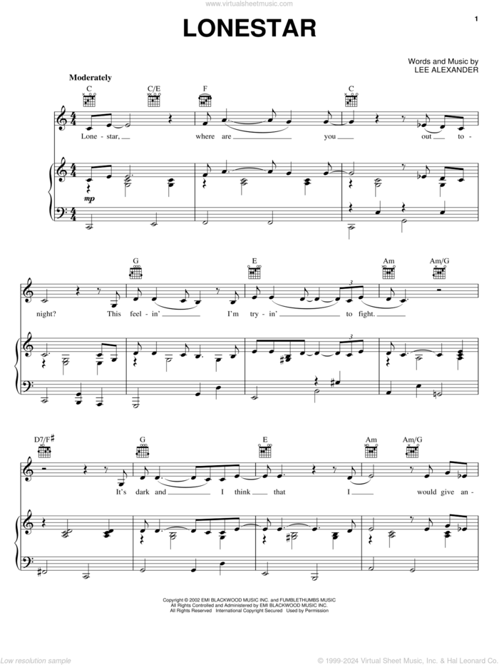 Lonestar sheet music for voice, piano or guitar by Norah Jones and Lee Alexander, intermediate skill level