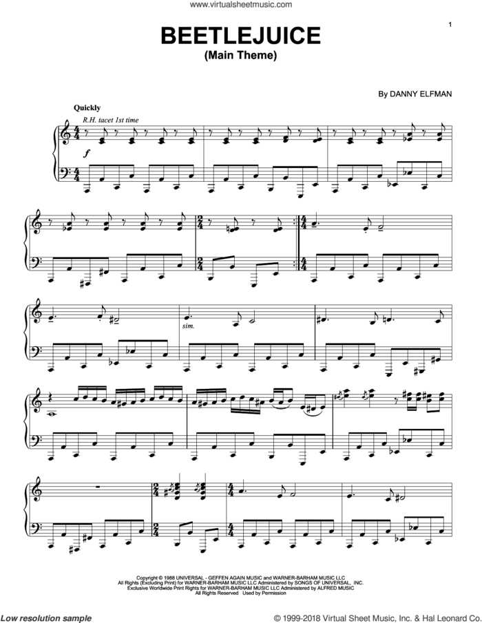 Beetlejuice (Main Theme) sheet music for piano solo by Danny Elfman, intermediate skill level