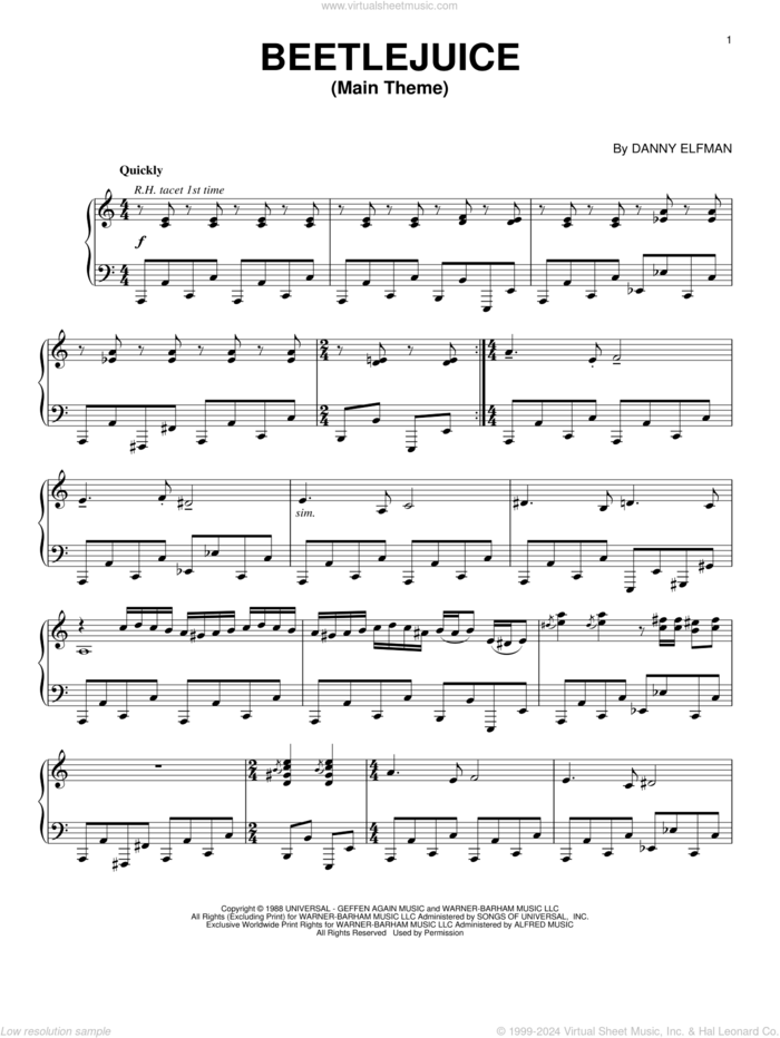 Beetlejuice (Main Theme) sheet music for piano solo by Danny Elfman, intermediate skill level