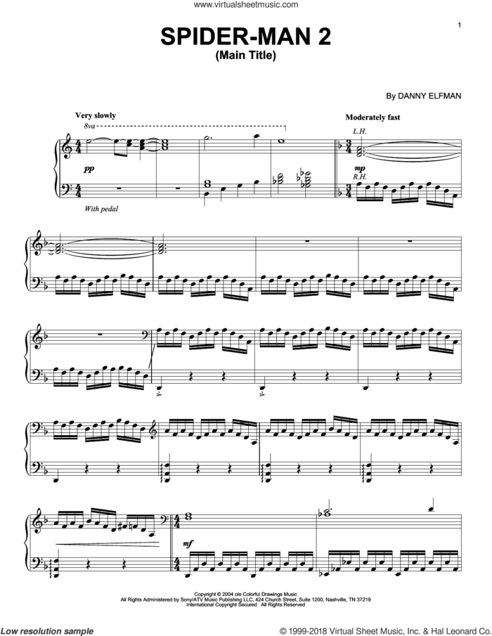 Spider-Man 2 (Main Title) sheet music for piano solo by Danny Elfman, intermediate skill level