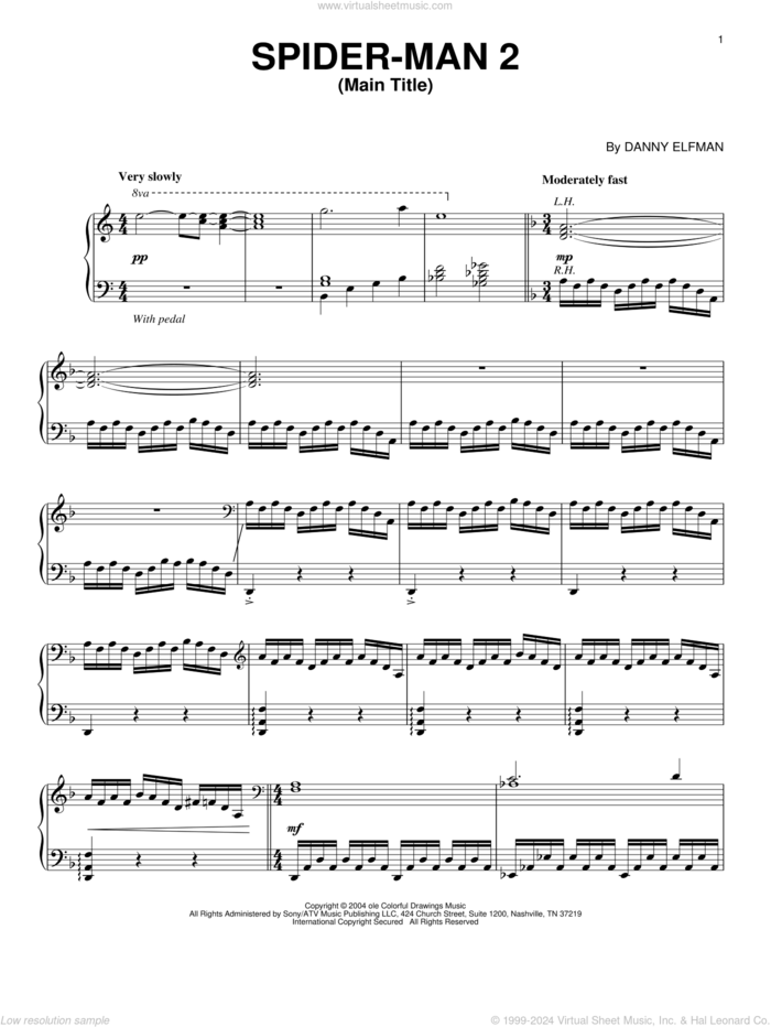 Spider-Man 2 (Main Title) sheet music for piano solo by Danny Elfman, intermediate skill level