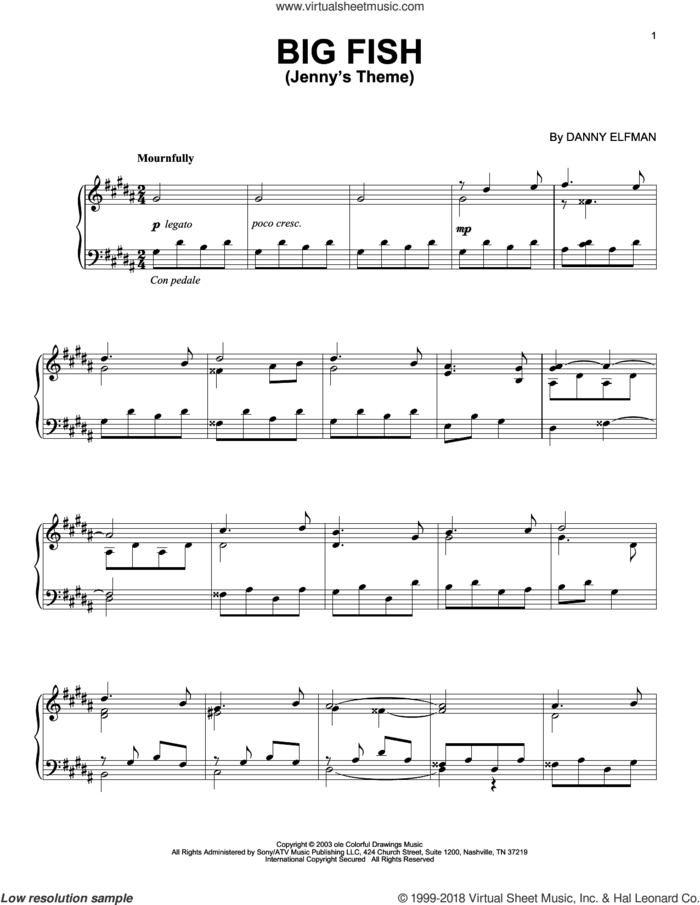 Jenny's Theme sheet music for piano solo by Danny Elfman, intermediate skill level