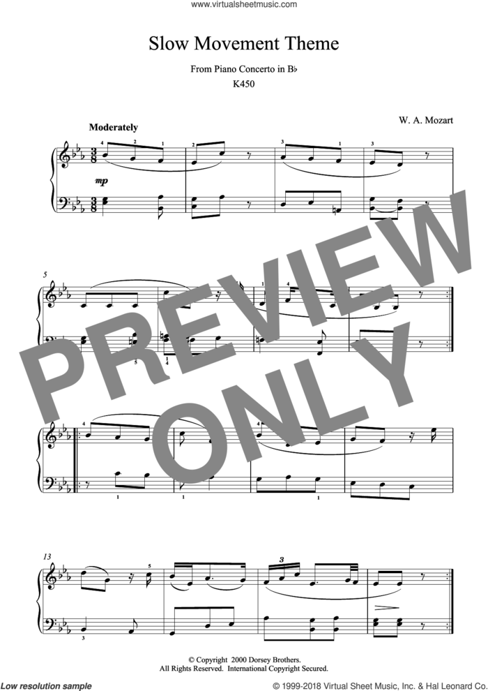 Slow Movement Theme from Piano Concerto in B Flat K450 sheet music for piano solo by Wolfgang Amadeus Mozart, classical score, intermediate skill level