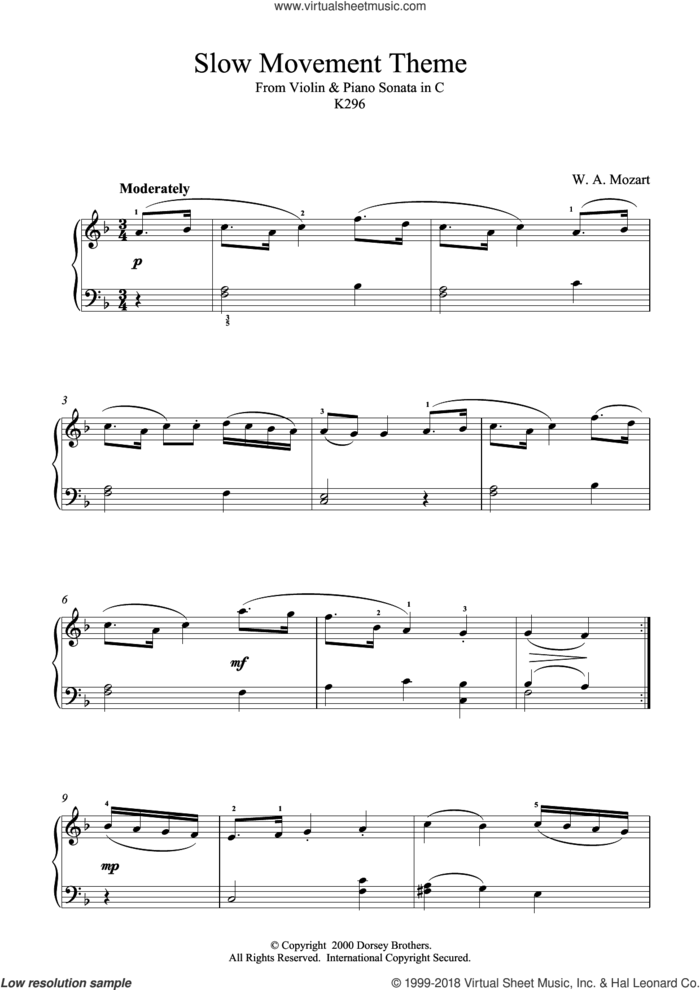 Slow Movement Theme from Violin and Piano Sonata in C, K296 sheet music for piano solo by Wolfgang Amadeus Mozart, classical score, intermediate skill level