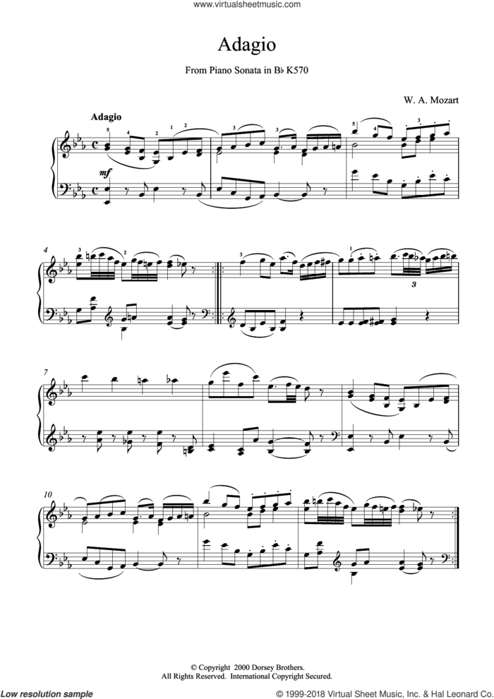 Adagio from Piano Sonata in Bb, K570 sheet music for piano solo by Wolfgang Amadeus Mozart, classical score, intermediate skill level