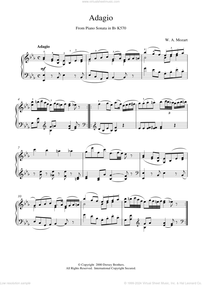 Adagio from Piano Sonata in Bb, K570 sheet music for piano solo by Wolfgang Amadeus Mozart, classical score, intermediate skill level