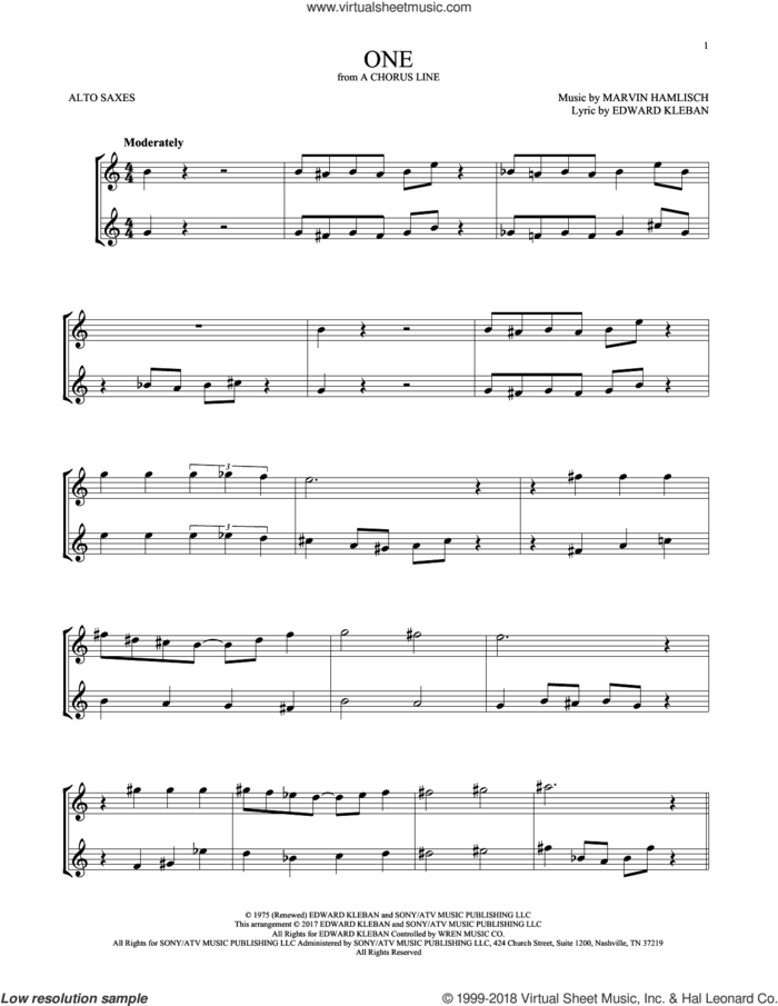 One sheet music for two alto saxophones (duets) by Marvin Hamlisch and Edward Kleban, intermediate skill level