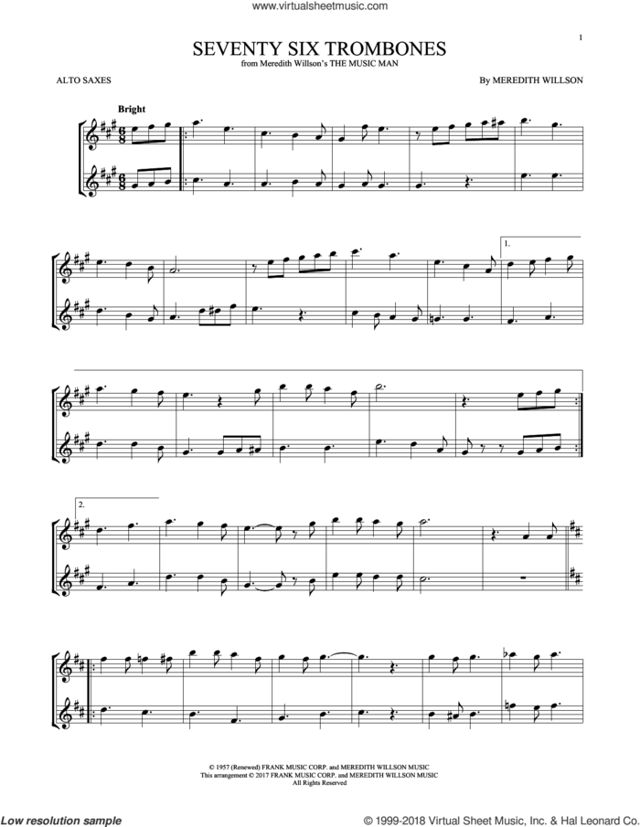 Seventy Six Trombones sheet music for two alto saxophones (duets) by Meredith Willson, intermediate skill level