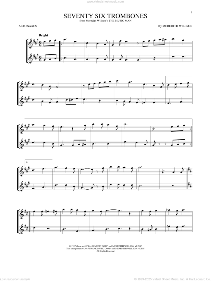 Seventy Six Trombones sheet music for two alto saxophones (duets) by Meredith Willson, intermediate skill level