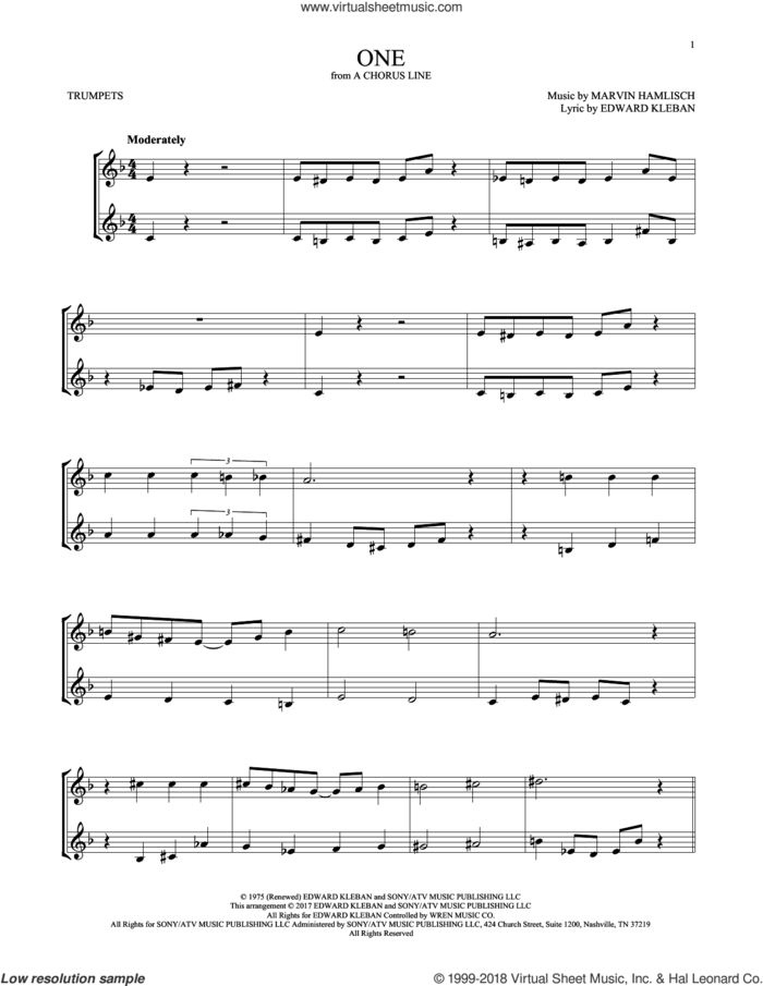 One sheet music for two trumpets (duet, duets) by Marvin Hamlisch and Edward Kleban, intermediate skill level