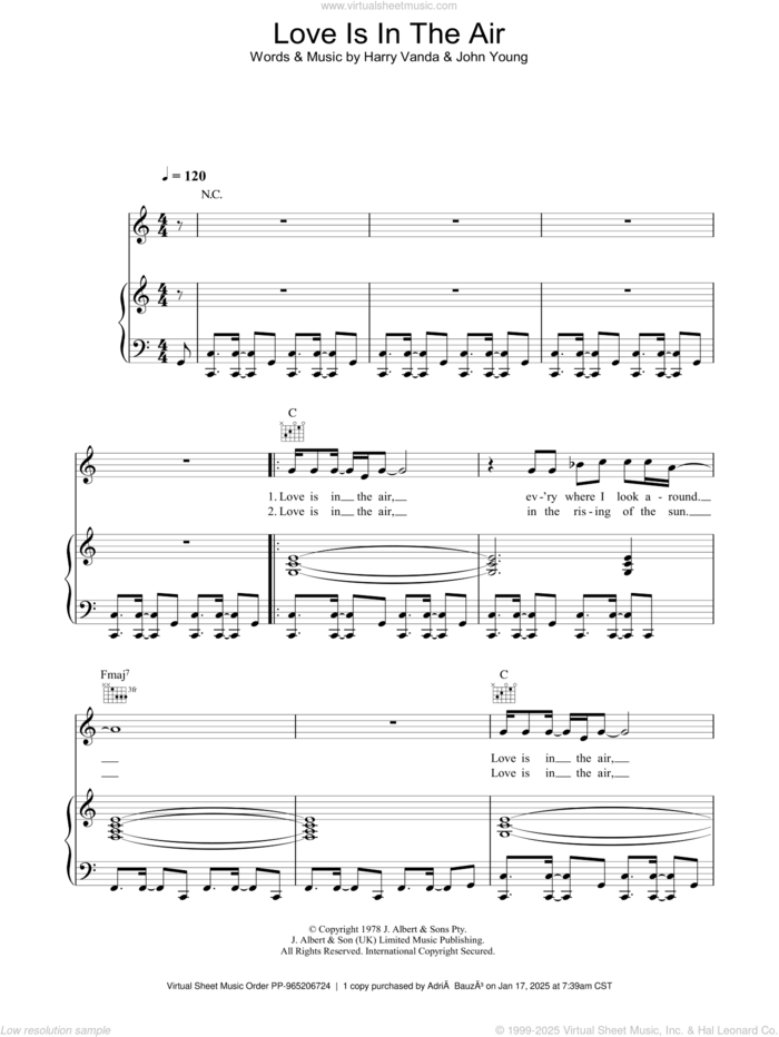 Love Is In The Air sheet music for voice, piano or guitar by John Young and Harry Vanda, intermediate skill level