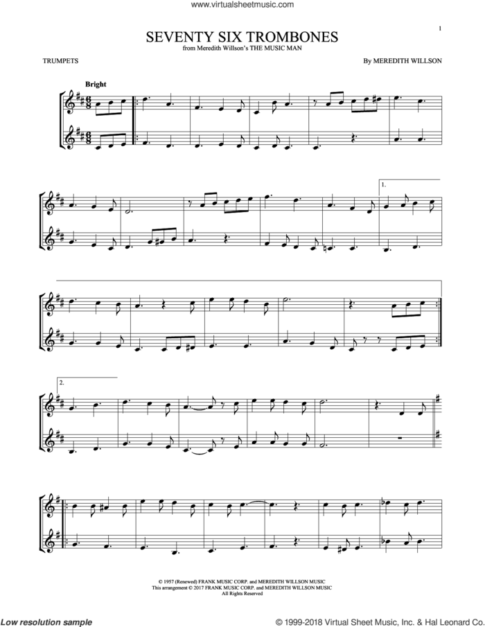 Seventy Six Trombones sheet music for two trumpets (duet, duets) by Meredith Willson, intermediate skill level