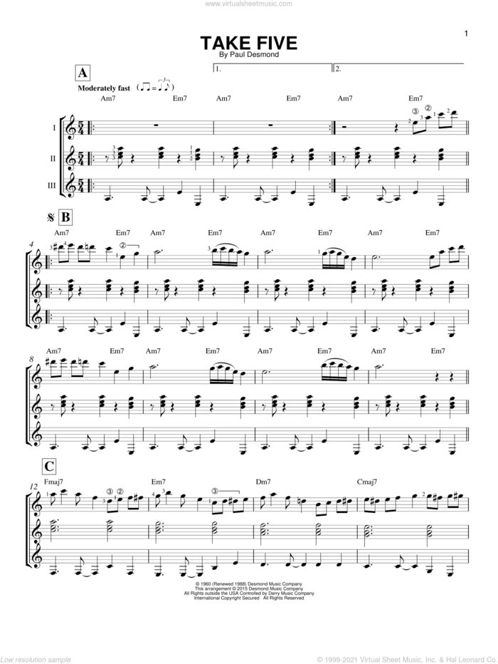Take Five sheet music for guitar ensemble by Paul Desmond, intermediate skill level