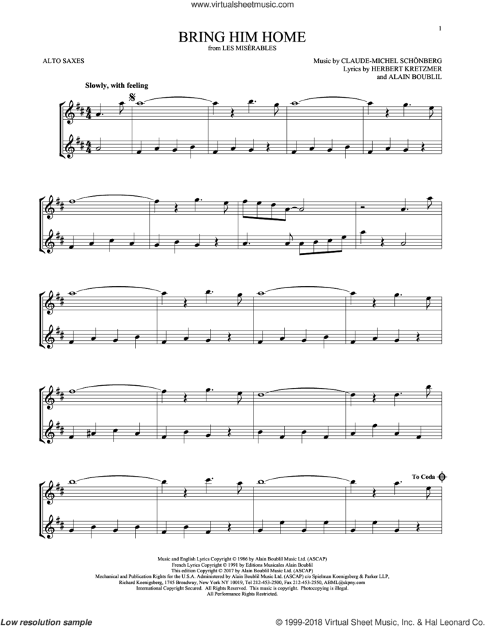 Bring Him Home sheet music for two alto saxophones (duets) by Alain Boublil, Claude-Michel Schonberg, Claude-Michel Schonberg and Herbert Kretzmer, intermediate skill level