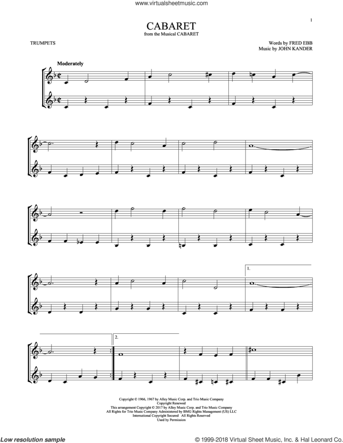 Cabaret sheet music for two trumpets (duet, duets) by John Kander, Herb Alpert & The Tijuana Brass, Fred Ebb and Kander & Ebb, intermediate skill level