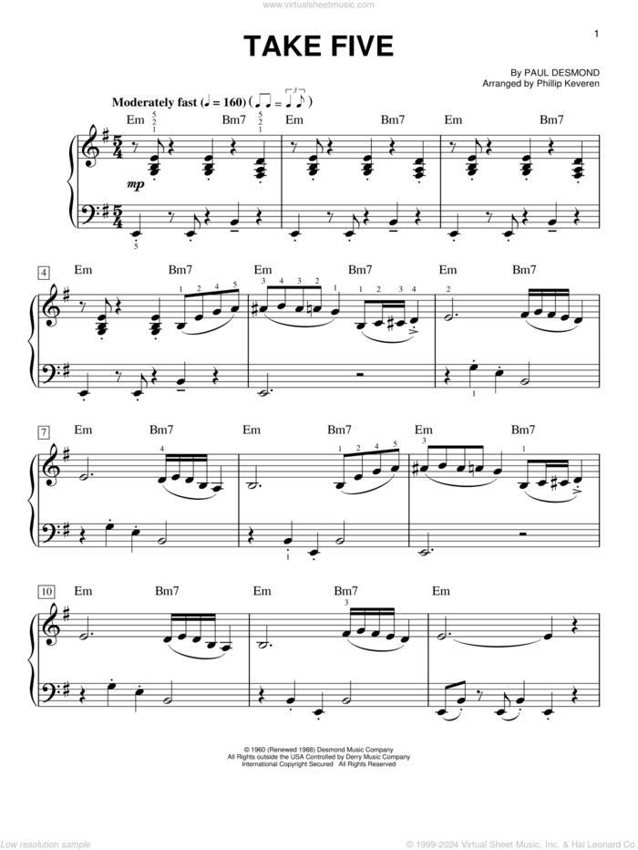 Take Five (arr. Phillip Keveren) sheet music for piano solo by Paul Desmond and Phillip Keveren, easy skill level